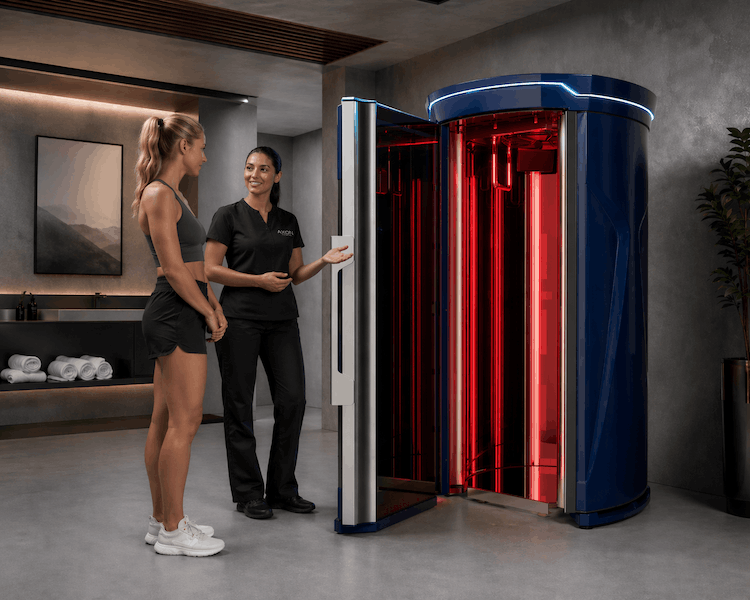 Aureon stand-up red light therapy system with professional guidance