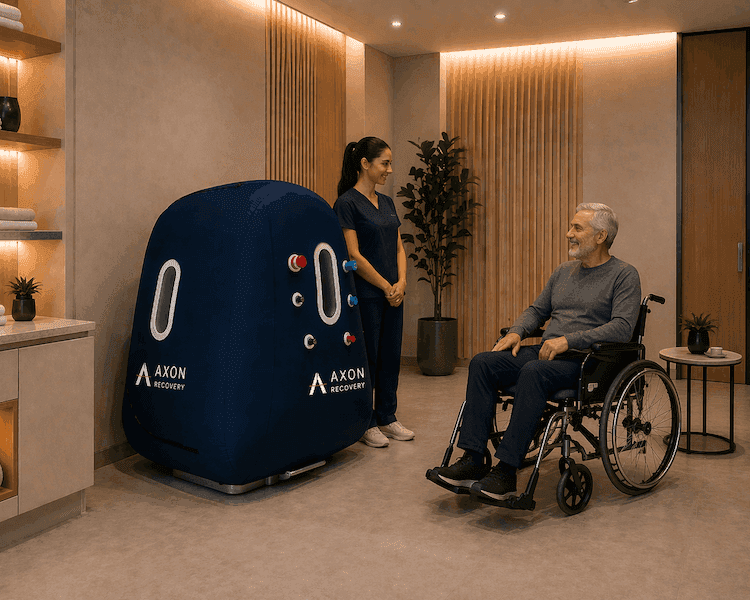 Client discussing an accessible Coren hyperbaric chamber with a wellness professional