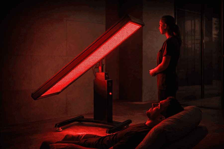 Client using an Orelia red light therapy panel in a professional wellness setting