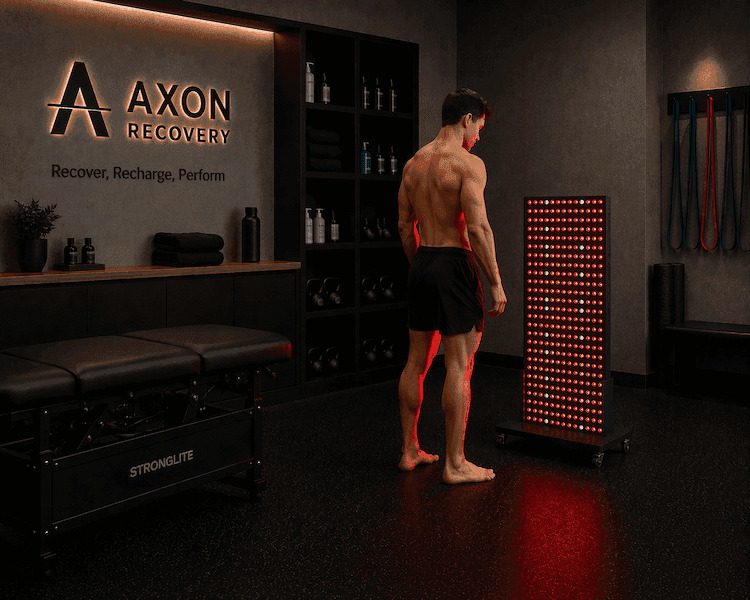 Proton red light therapy panel used for a standing full-body session